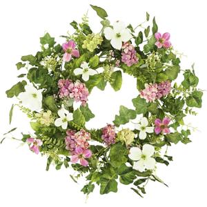 YNYLCHMX 18" Spring Summer Wreaths for Front Door, Artificial Floral Wreath with Pink Hydrangea Green Eucalyptus Leaves, Green Foliage Wreath for Wall Window Farmhouse Party Holiday Home Decor