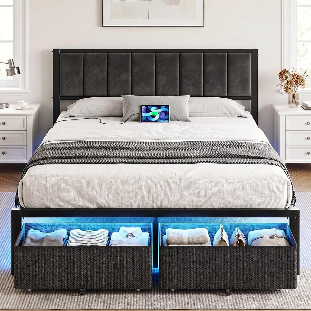 OLEVS Queen Bed Frame with 2 Storage Drawers, Charging Station & LED Lights