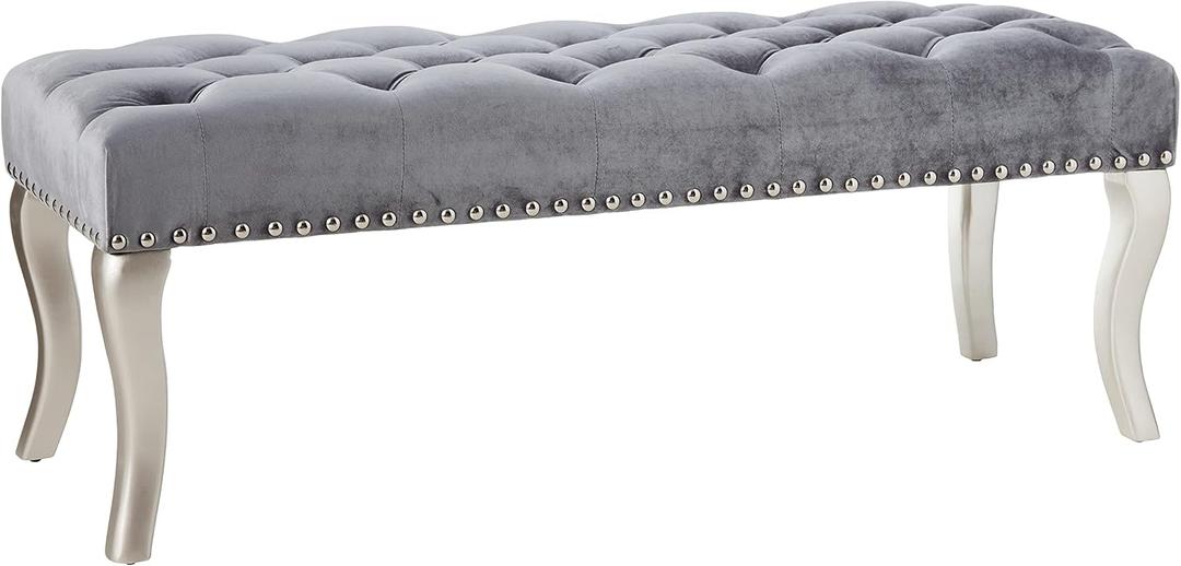Roundhill Furniture Decor Maxem Tufted Fabric Upholstered Seat with Nailhead Trim Bench, Gray, 48 inches x 18 inches x 18 inches
