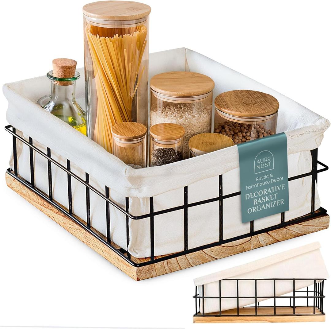 Metal Baskets for Organizing - Toiletries Black Metal Basket with Liner, Wooden Decorative Baskets for Home Decors, Bathroom Decor & Kitchen Decor, Bin Wire Basket Storage (X-Large)