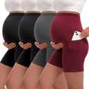 Siimcuzy 4 Pack Women's Maternity Shorts with Pockets Over The Belly Yoga Biker Pregnancy Workout Running Active Shorts, Black Heather Gray Red (XL)