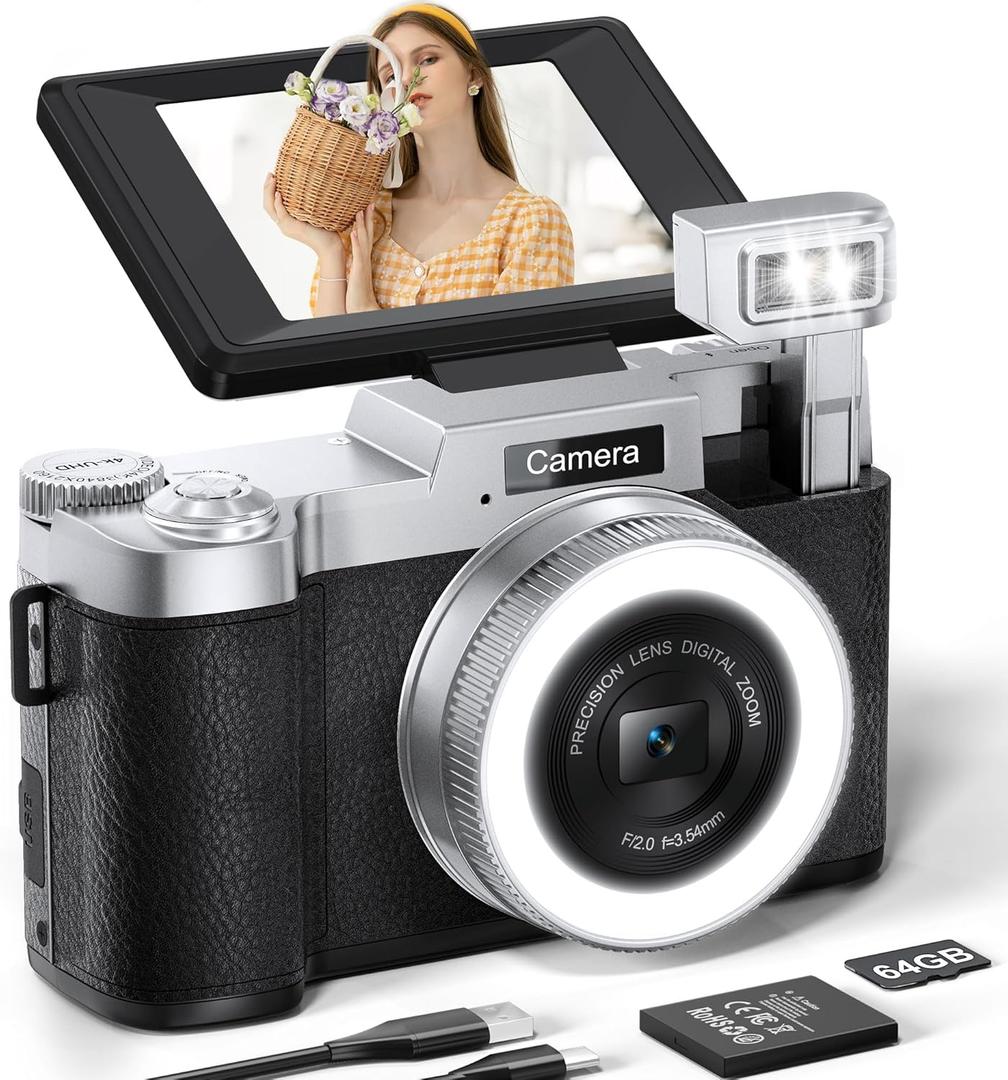 FLATIC Digital Camera, 4K 64MP Cameras for Photography with 64GB Card, 18X Zoom Autofoucs Vlogging Camera for YouTube with 180 Flip Screen, Compact Vlog Travel Camera Kit for Beginner, Teens