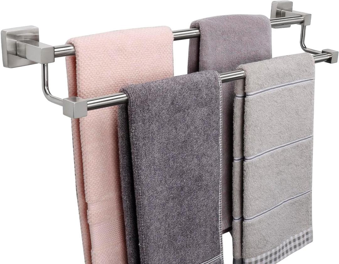 TocTen Double Bath Towel Bar - Thicken SUS304 Stainless Steel Towel Rack for Bathroom, Bathroom Accessories Double Towel Rod Heavy Duty Wall Mounted Square Towel Holder(Brushed Nickel, 24 INCH)