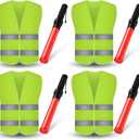 Kanayu 8 Pcs 16 Inch Signal Traffic Wand High Visibility Safety Vest Set Include 4 Reflective Safety Vest 4 Traffic Control Light Security Wands for Airport Parking(Neon Green)