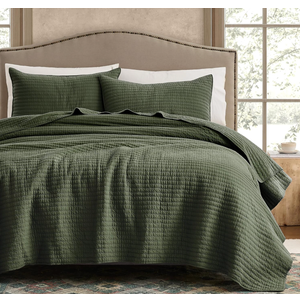 WDCOZY 100% Cotton King Size Quilt Set - Olive Green Striped Pick Stitch Soft Lightweight Bedspread, Textured Like Linen, Farmhouse Country Rustic Coverlet, Shabby Chic Gauze Bedding, 3 Pieces
