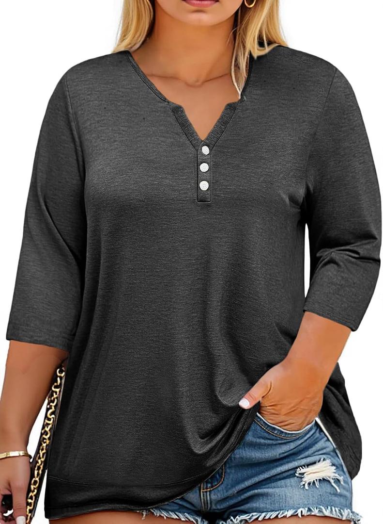 Beautife Womens Plus Size T-Shirts V Neck 3/4 Sleeve Tops Fall Henley Shirts Casual Basic Loose Fit Blouses (Gray, XL Plus)