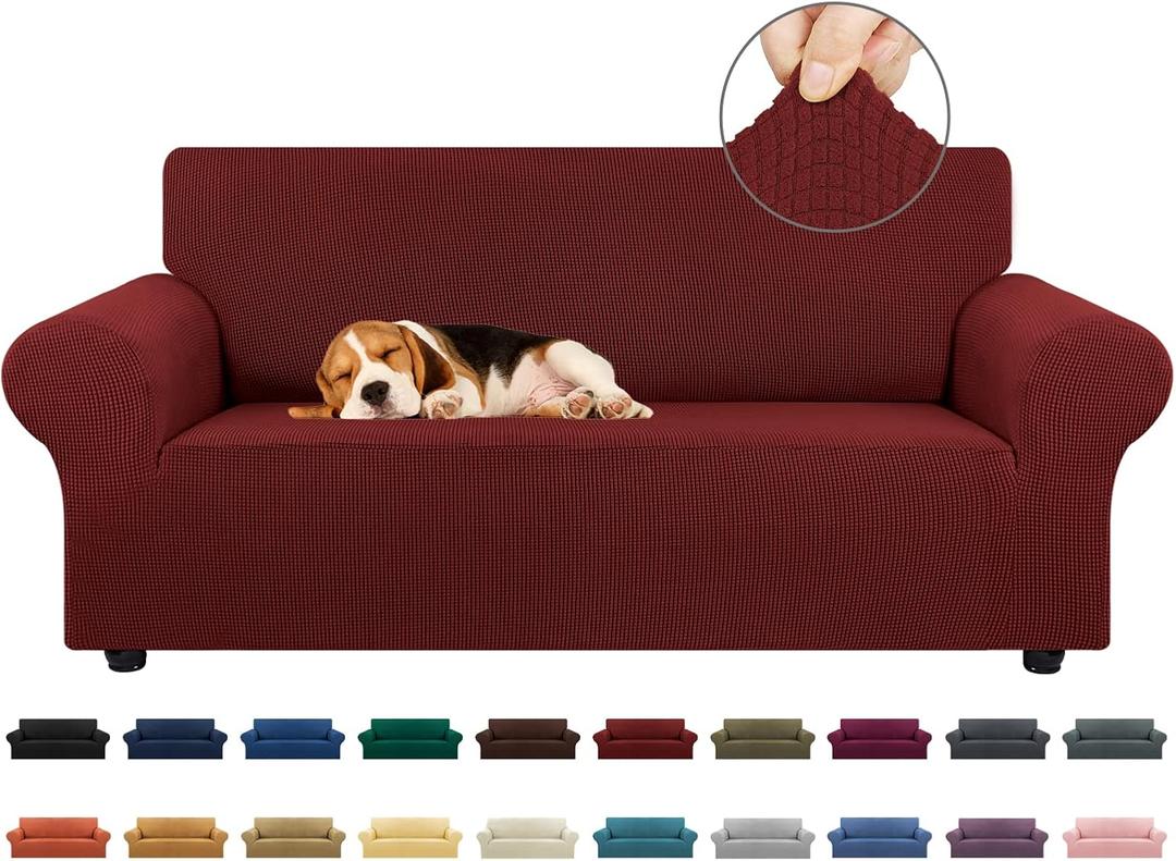 KEKUOU Stretch Loveseat Sofa Slipcover 1 Piece Couch Sofa Cover (55"-79") Furniture Protector 2 Seater Sofa with Elastic Bottom for Kids, Pet.Jacquard Small Checked Pattern Fabric(Medium, Dark Red)