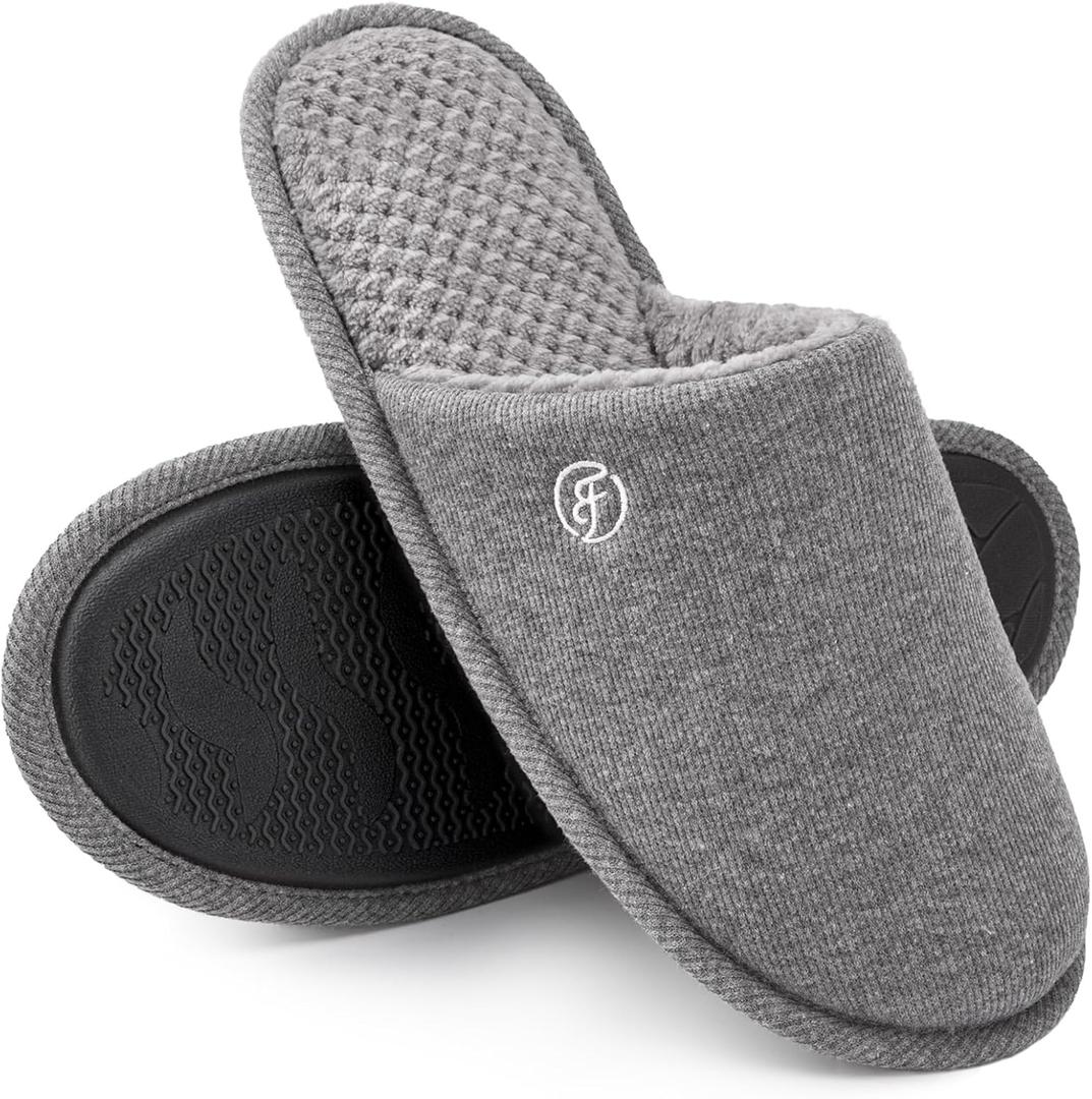 EverFoams Men's Cotton Knit Slippers Lightweight Memory Foam Indoor House Shoes with Anti-Skid Sole (11-12, Grey)
