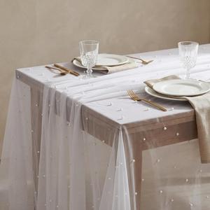 Horaldaily White Pearl White Gauze Tablecloth 6084 Inch Rectangular, Spring Summer Tulle Lace Cheesecloth, Bridal Shower Table Cover for Wedding Birthday Table Decor