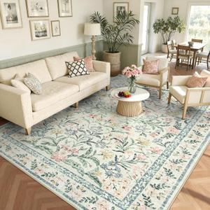 Wonnitar Boho Washable Rug 8x10, Large Area Rug for Living Room, Soft Floral Carpet for Bedroom Non Slip, 8 x 10 Indoor Beige Carpets for Nursery Dining Room Apartment Office Decor