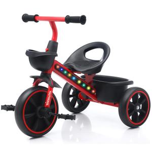Kids Tricycle with Colorful LED Lights for Toddlers 1-3 Years, Stable 3-Wheel Design & Storage Basket for Fun Indoor Outdoor Ride, Gift for Baby Boy Girl (Red)