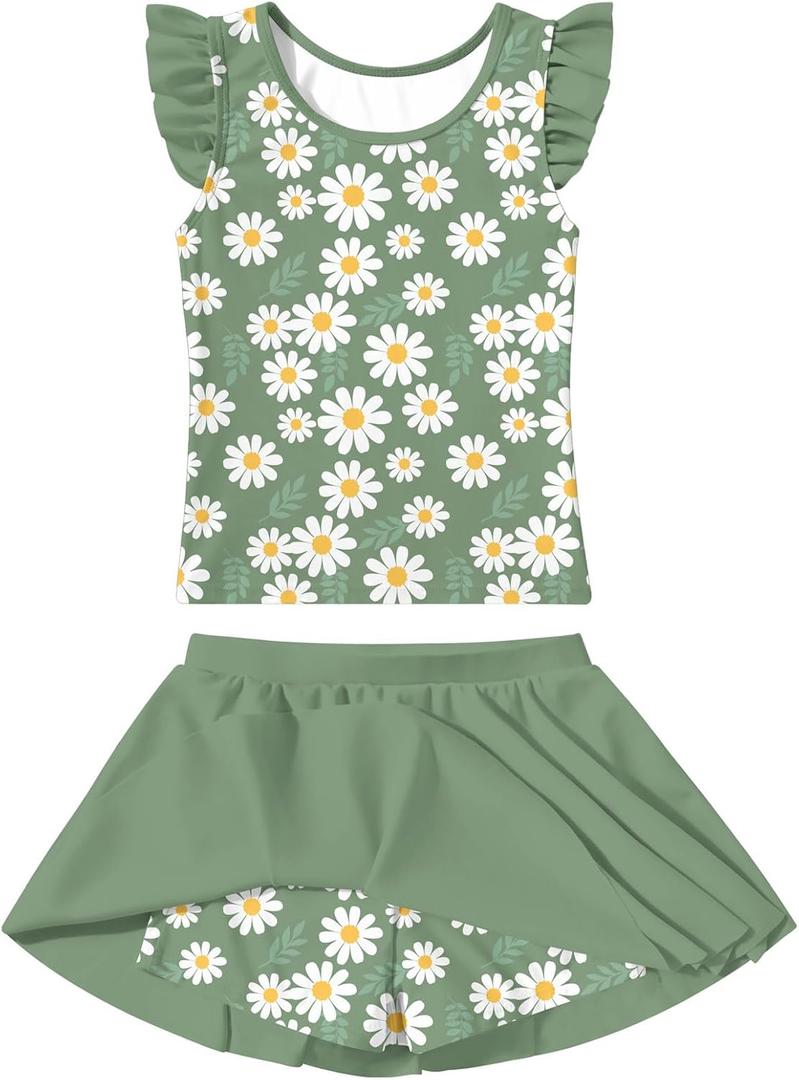 Girls Swimsuit 2 Piece Ruffle Bathing Suit UPF 50+ Tankini Swimsuit Skirt with Lining (7-8 Years, A1-green Daisy-04)