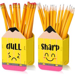 DoubleFill 2 Pcs Pencil Shaped Holder Sharp Dull Holder Wooden Dispenser Pencil Storage for Back to School Teachers Classroom Organization(Cute,Yellow)