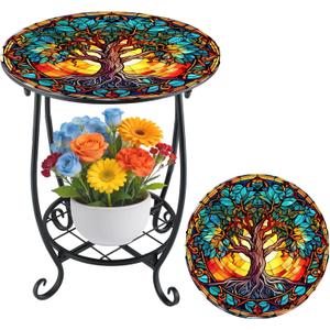 Cinnvoice Outdoor Side Table Round Small Mosaic Patio Accent Indoor End Plant Coffee Tea Table for Yard Patio Porch Garden Living Room, Bedroom(Tree of Life Style,12 Inch)