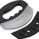 Checkered Chef Salad Chopper Tool with Cover, Mezzaluna Knife Stainless Steel Vegetable Rocker, Mincer, Cutter