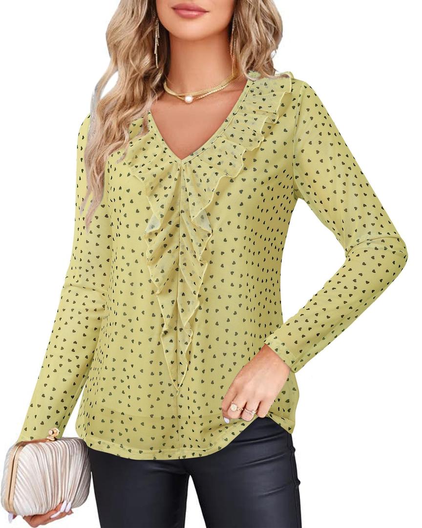 2 x Gaharu Fancy Tops for Women: Yellow L Mesh Chiffon Dress Shirts Loose Fit L - Dressy Elegant Blouses for Work Business Interview - Tunic Tops for Office Lady (Yellow, L)