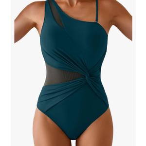 One Shoulder One Piece Swimsuit for Women Mesh Tummy Control Bathing Suit Twist Swimwear with Removable Strap Medium
