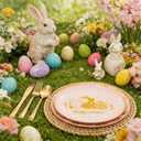 GATHER 175Pcs Easter Plastic Plates - Pink Plastic Dinnerware Set with Gold Bunny Includes 25 Dinner Plate and 25 Dessert Plate, 75 Silverware, 25 Cups, 25 Napkins for Easter Party