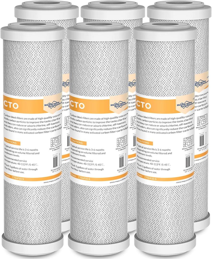 Membrane Solutions 5 Micron 2.5" x 10" CTO Carbon Block Water Filter Cartridge Replacement for Whole House Filtration Systems, Compatible with WFPFC8002, WFPFC9001, FXWTC, WHKF-WHWC, 6-Pack