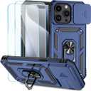 SunStory Compatible with iPhone 15 Pro Case with HD Screen Protector & Slide Camera Cover & Rotated Ring Kickstand, [Military-Grade] Phone Case for iPhone 15 Pro,Blue