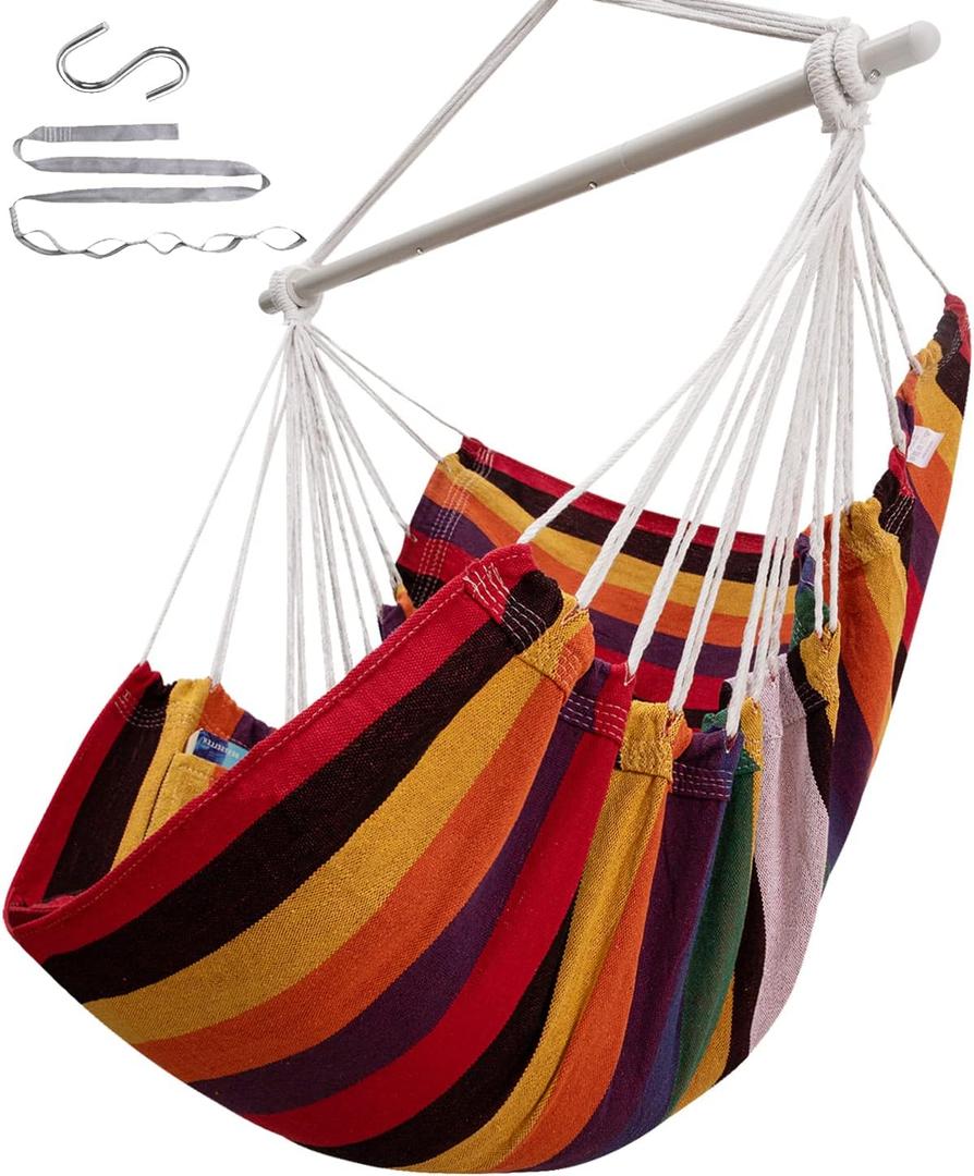 ADVOKAIR Hammock Chair Swing (500 lbs Max) - Hanging Hammock Chair Rope Swing Indoor for Bedroom, Outdoor, Patio, Bedroom, Porch, Deck - Sturdy Steel Bar with Anti-Slip Safety Rings (A Rainbow Colors)