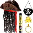 Pirate Hat with Dreadlocks Braids and Costume Accessories Set, Halloween Masquerade Accessory Set of 5