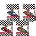 Sabary 24 Pieces Racing Car Party Favor Bags Car Goodie Treat Candy Paper Bags with Handles for Kids Checkered Racing Flag Themed Birthday Party Supplies Decorations