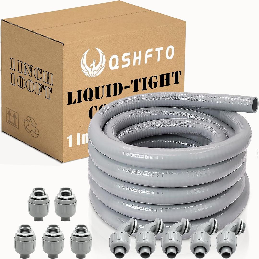 1 Inch Liquid-Tight Conduit and Connector Kit - 100 FT Non-Metallic Electrical Conduit with 5 Pcs 180 Straight and 5 Pcs 90 Angle Fittings