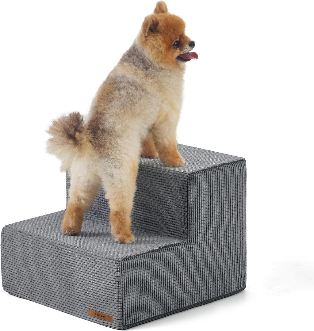 Lesure Dog Stairs for High Beds Extra Wide Foldable Pet Steps 2-Steps for Medium Small Dogs and Old Cats with CertiPUR-US Certified Foam and Non-Slip Bottom, Grey (2-Step (H: 12IN))