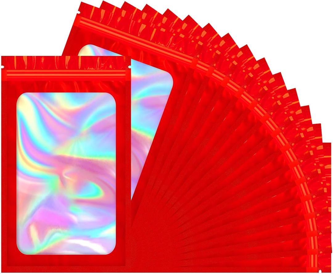 100 PCS Mylar Holographic Bags, Clear Resealable Bags, Scent Proof Bag, Bracelet Bag, Valentines Day Decorations Gift Baggies for Lipgloss, Eyelash, Jewelry Packaging | Red, 5.5x7.9 Inch