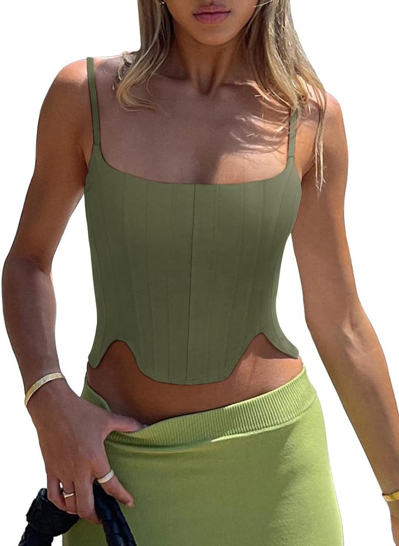 REORIA Women's Sexy Square Neck Trendy Sleeveless Adjustable Spaghetti Strap Corset Tank Crop Tops (Dark Green, Size S)