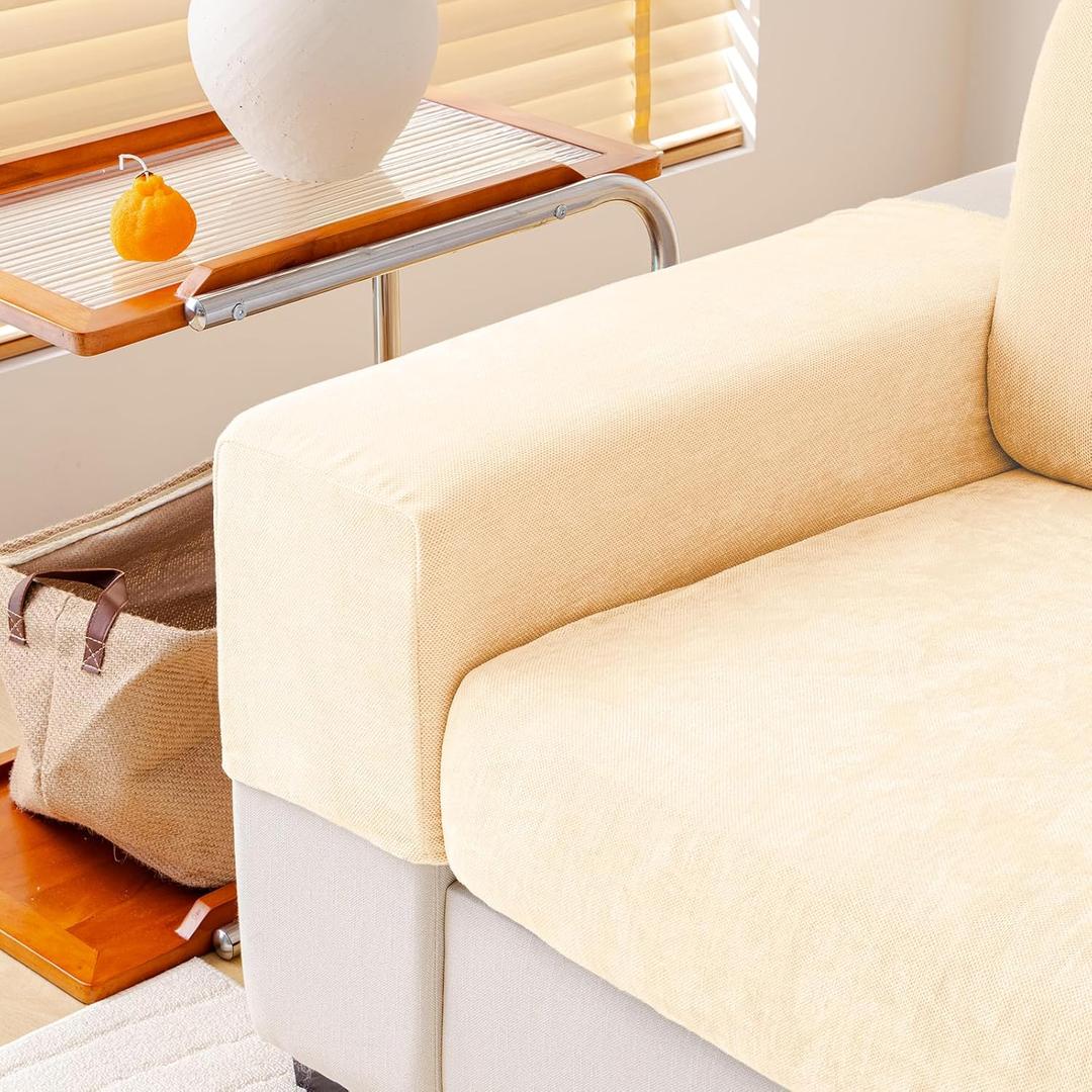 WEYOND Chenille Sofa Armrest Covers, Soft Stretch Non-Slip Couch Arm Covers for Sofa, Chair or L Shaped Sectional, Furniture Protector (2 Pieces, Beige)