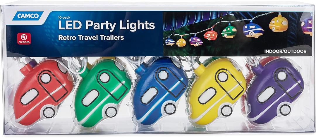 Camco Retro Travel Trailer Party Lights - Features an 8' Strand with (10) Travel Trailer Lights - Camping String Lights - Perfect for RV Awnings and Campsite Dcor (42655)