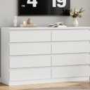 Modern White 8 Drawer Dresser for Bedroom, 15.3" D x 55.2" W x 32.3" H Simply Chest of Drawers, Wood Storage Dresser with Deep Drawers for Living Room Hallway Entryway, White