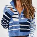 Saodimallsu Womens Striped Cropped Sweater Color Block Zip Up Long Sleeve Mock Neck Loose Pullover Jumpers