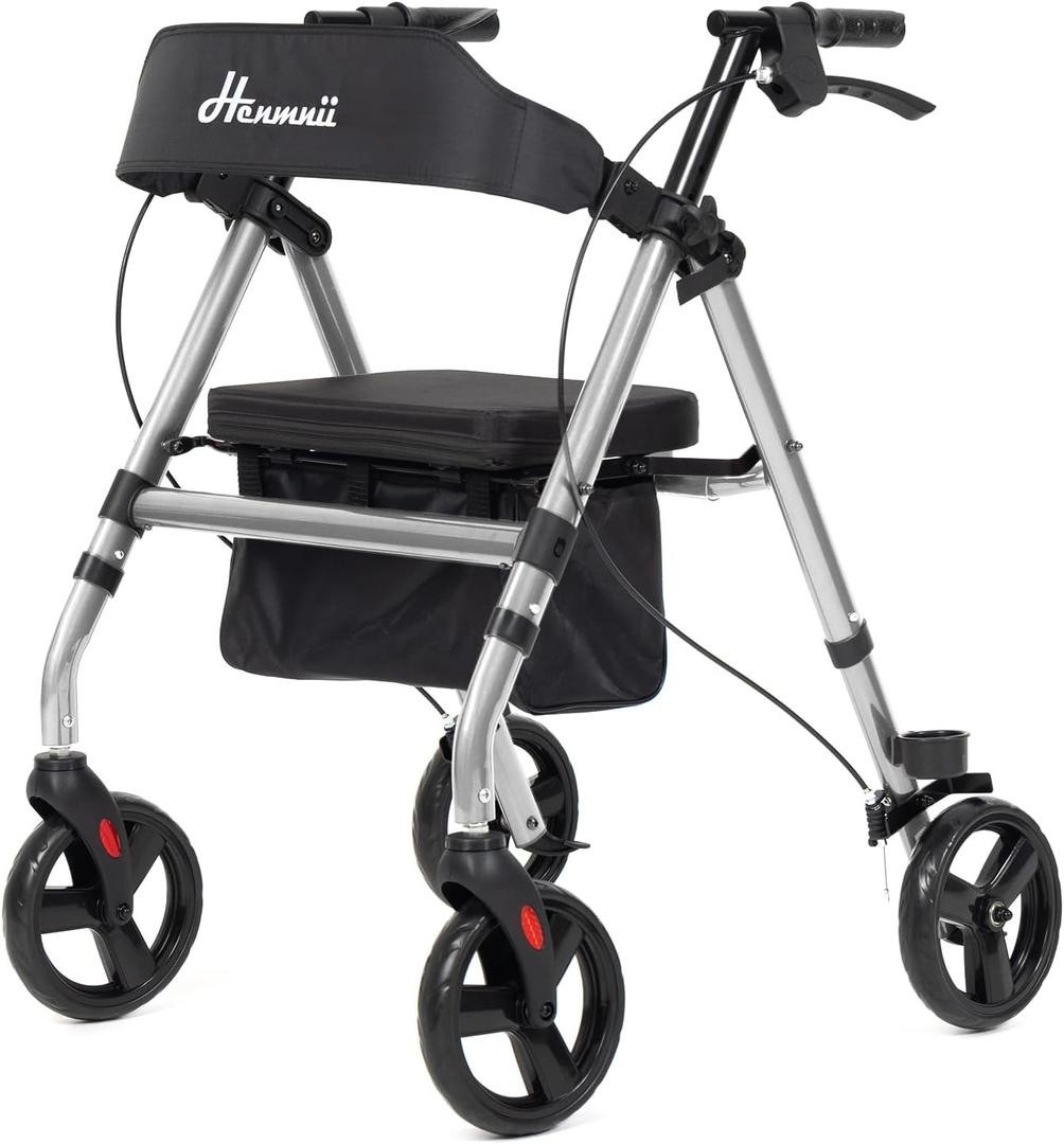 Walker for Seniors, Lightweight Rollator Walker with seat, Foldable Rolling Walker with 8 inch All Terrain Rubber Wheels, Ergonomic Adjustable Handles and Backrest for Seniors and Adult (Silver)