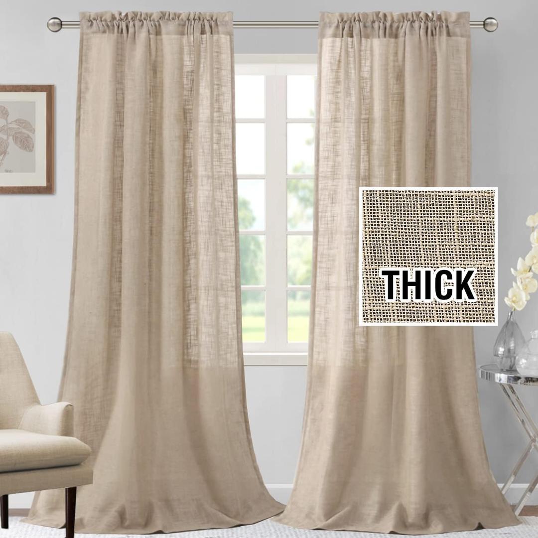 H.VERSAILTEX Linen Blended Curtains - 108 Inch Long, Natural, Textured, Light Filtering, Rod Pocket, 2 Panel Sets for Living Room & Bedroom