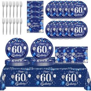 60th Birthday Decorations for Men,61Pcs Blue Silver 60th Birthday Decorations Tableware Include Happy 60th Birthday Plates and Napkins,Tablecloth,Forks for Men 60th Birthday Party Supplies,Serve 20