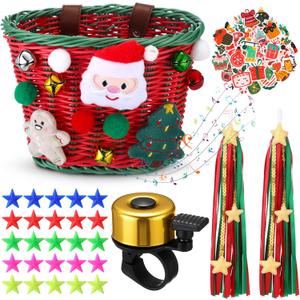 Christmas Bike Basket, Christmas Bike Basket Front Set Include Rattan Woven Bike Baskett with Bells Santa Plush Patterns, Xmas Stickers, Bike Bell, 2 Pcs Ribbons Tassels, Wheel Spoke Decoration (Red)