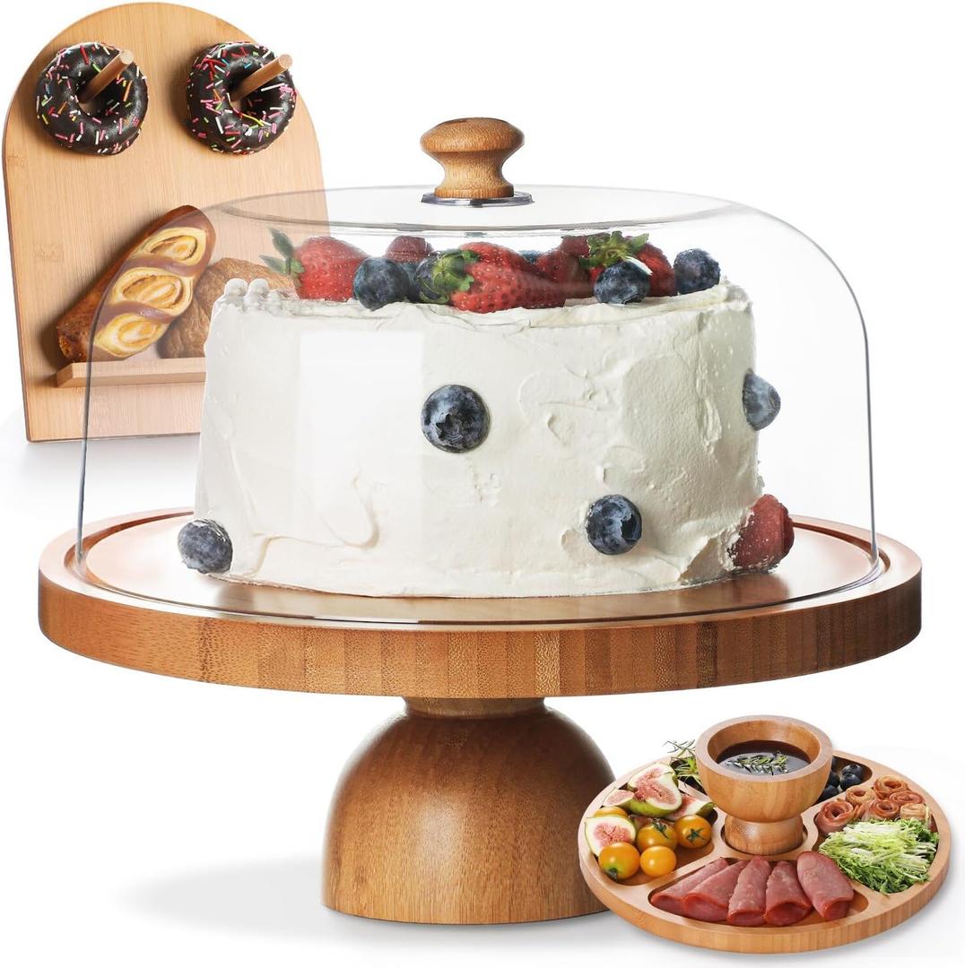 Emojoy Bamboo Cake Stand with Lid, 11in Round Cake Stand with Dome, Versatile Dessert Table Display Set, Cake Display Stand with Acrylic Dome, Charcuterie Boards for Birthday, Party