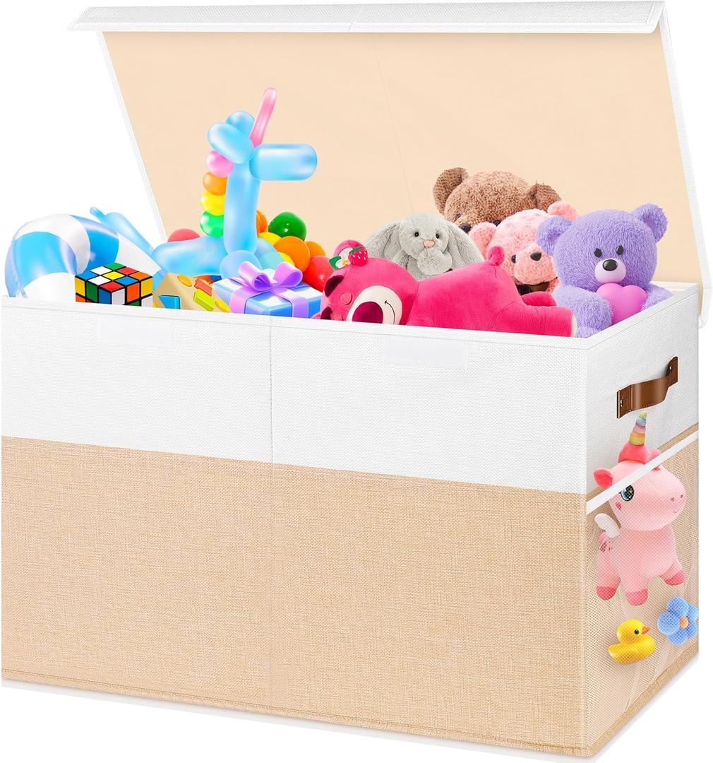 Large Toy Box, Collapsible Sturdy Storage Chest With Lids, Kids Toy Chest Storage Organizer Toddler Bin Boxes for Living Room, Bedroom, Nursery, 25"x13"x16", Beige & White