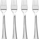 Prestee 100-Pack Heavy Duty Plastic Forks - 7-Inch Elegant Silver Plastic Forks Disposable Set - Fancy, Disposable Silverware Utensils for Parties, Holidays, Weddings, and Events - Durable Cutlery Set