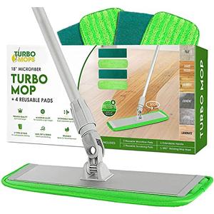 Turbo Microfiber Mop Floor Cleaning System - 18-inch Dust Mop with 4 Reusable Pads for Hardwood and Tile, 360-Spin Floor Mop Head & Extendable Handle - Household Cleaning Tools