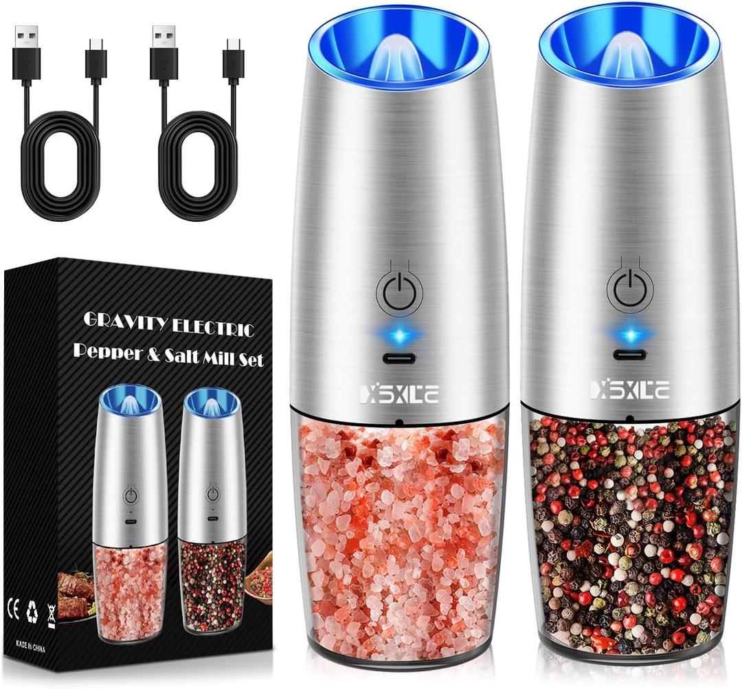 Rechargeable Electric Pepper and Salt Grinder Set, No Battery Needed, whit Gravity Sensing Switch and LED Light, One Hand Automatic Operation, Sliver, 2 Pack (2.5*2.5*7.9inch)