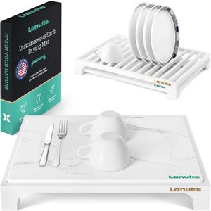Stone Drying Mat for Kitchen Counter |Drying Matt Kitchen Counter with Bamboo Dish Drying Rack | Diatomaceous Earth Dish Drying Mat (White Stand)