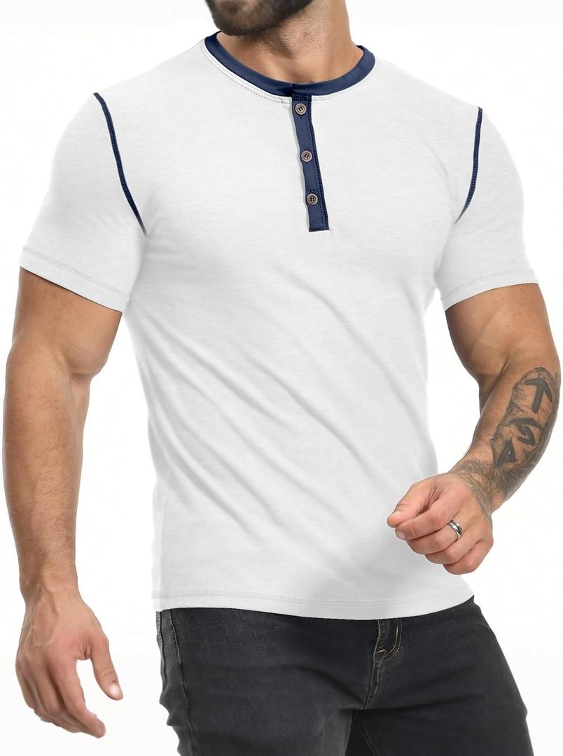 PLEPAN Mens Henley Shirts Crewneck Short Sleeve Casual Cotton T-Shirts with Contrast Color Collar (X-Large)