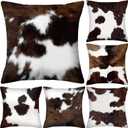 Peryiter 6 Pcs Cow Pillow Covers Western Decors 18 x 18 Inch White and Brown Faux Fur Cowhide Pillow Covers Hidden Zippered Cushion for Couch Sofa Home Living Room Christmas Decor