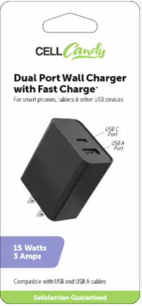 CELL CANDY Fast Charge Dual Port Wall-Charger 15Watts 3 Amps
