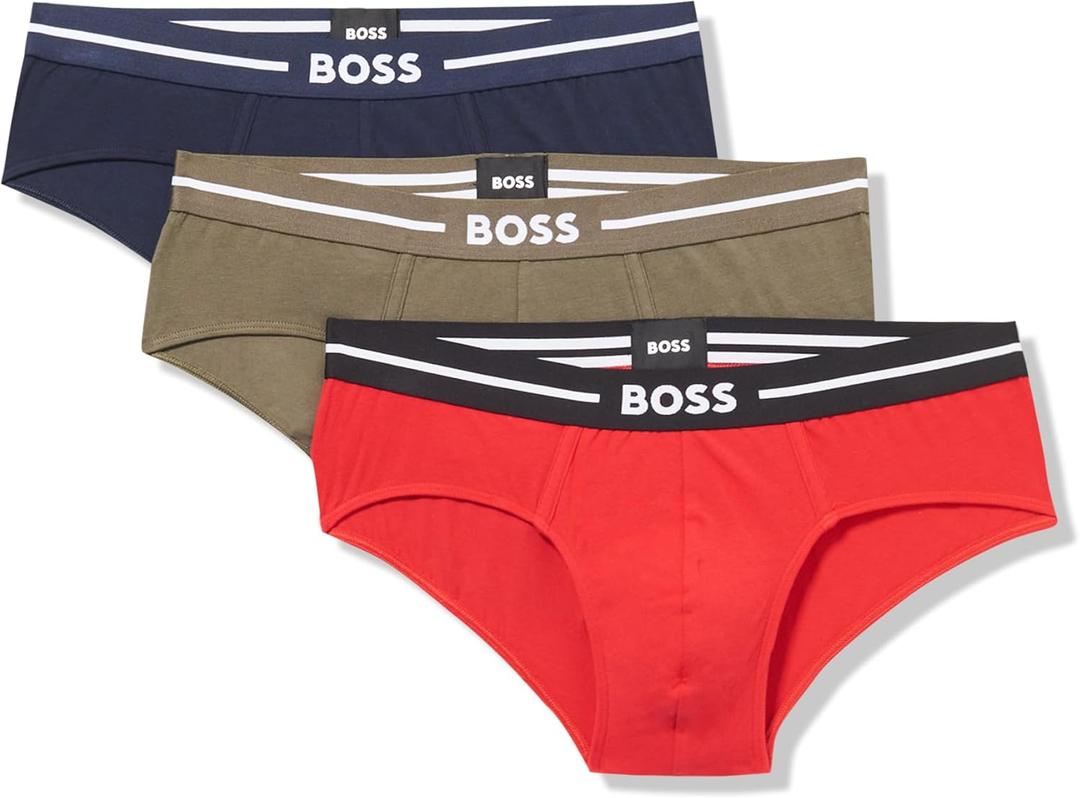 BOSS Men's 3-Pack Bold Logo Hipster Briefs (Large, Red/Deep Blue/Pewter Green)