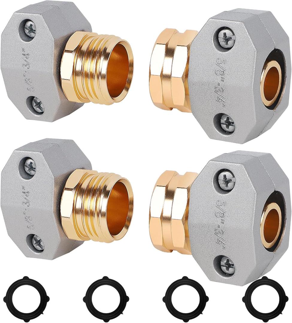Triumpeek 2 Sets Garden Hose Repair Kit, Aluminum Male and Female Coupling Menders with Zinc Clamps, Hose End Connectors with 4 Extra Rubber Washer for 3/4" and 5/8" Garden Hose Fittings